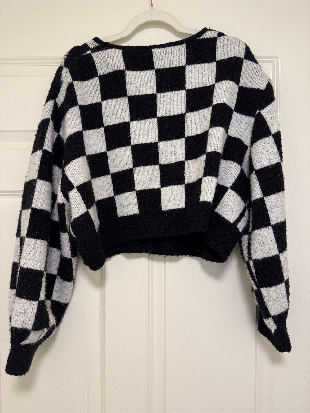 Black & White Checkered V-Neck Button Cardigan Sweater. - Picture 2 of 2
